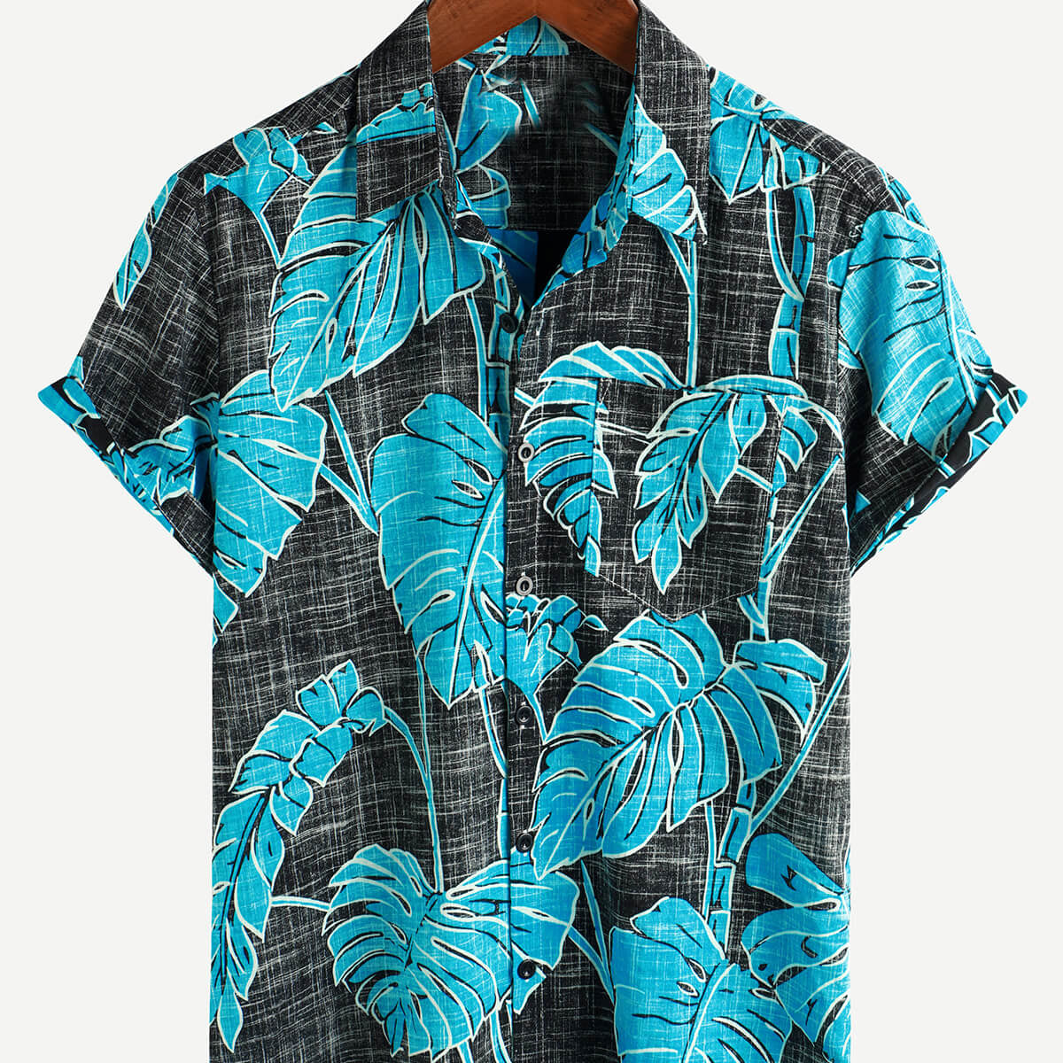 Camisa con botones de manga corta para playa hawaiana negra fresca con bolsillo con estampado tropical de verano para hombre