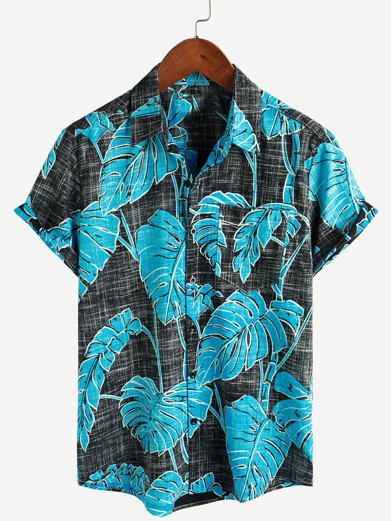 Men's Summer Tropical Print Pocket Cool Black Hawaiian Beach Short Sleeve Button Shirt