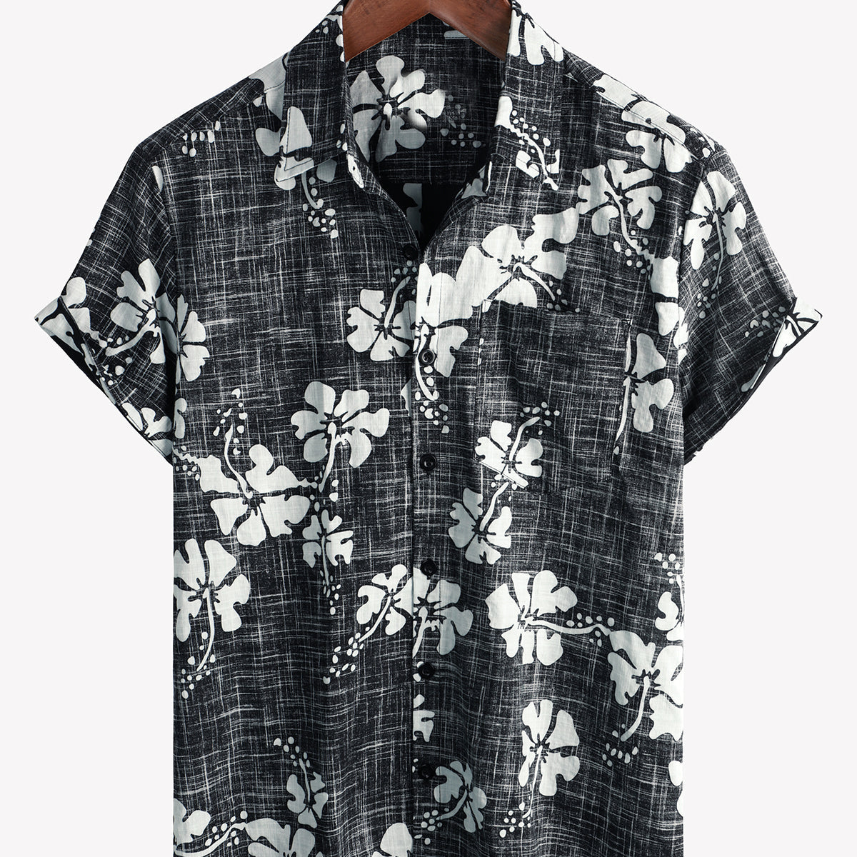 Camisa hawaiana tropical de playa con botones de manga corta vintage floral negra para hombre