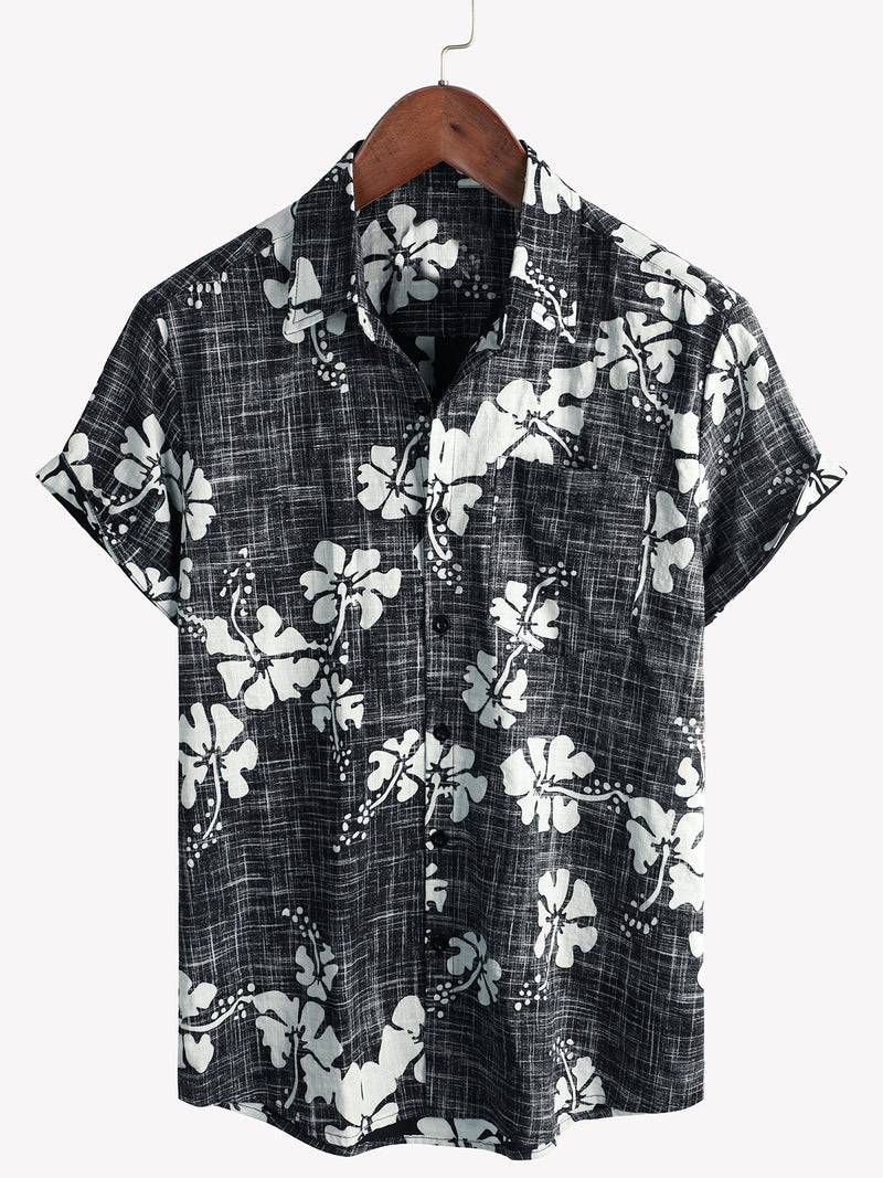 Men's Black Floral Vintage Short Sleeve Button Up Beach Tropical Hawaiian Shirt
