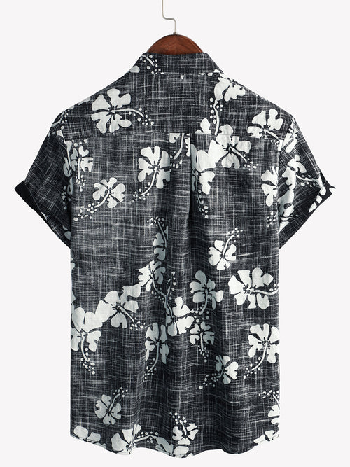Men's Black Floral Vintage Short Sleeve Button Up Beach Tropical Hawaiian Shirt