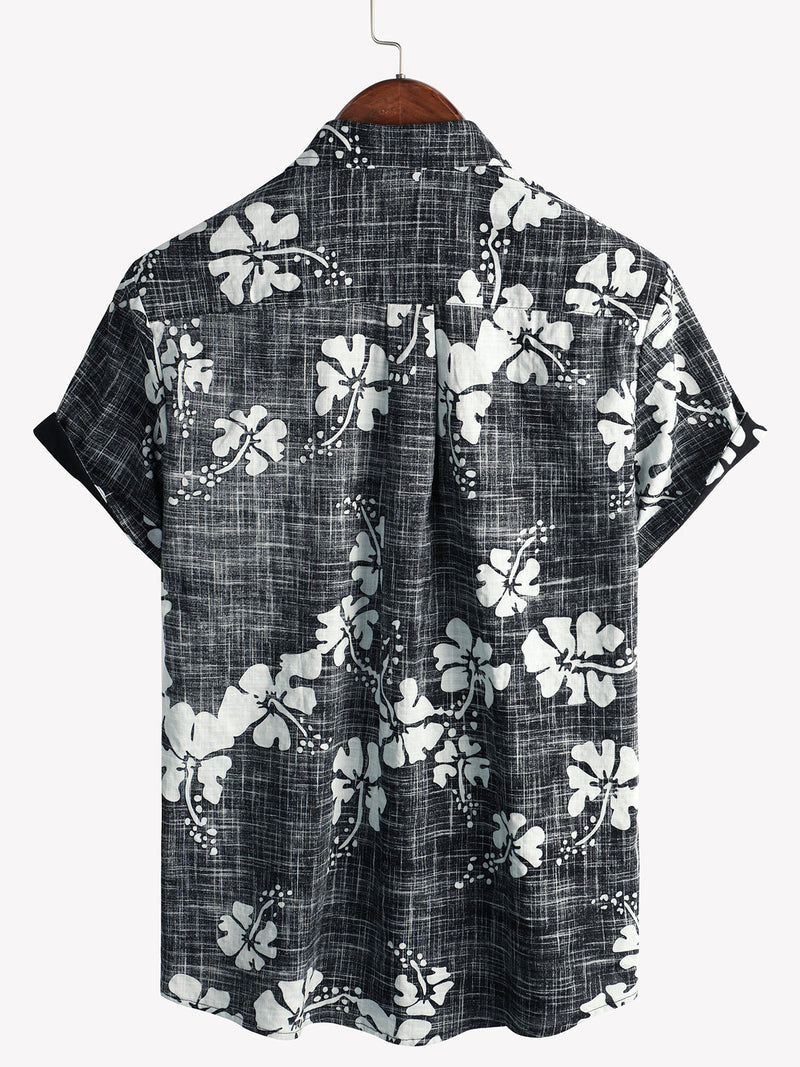 Men's Black Floral Vintage Short Sleeve Button Up Beach Tropical Hawaiian Shirt