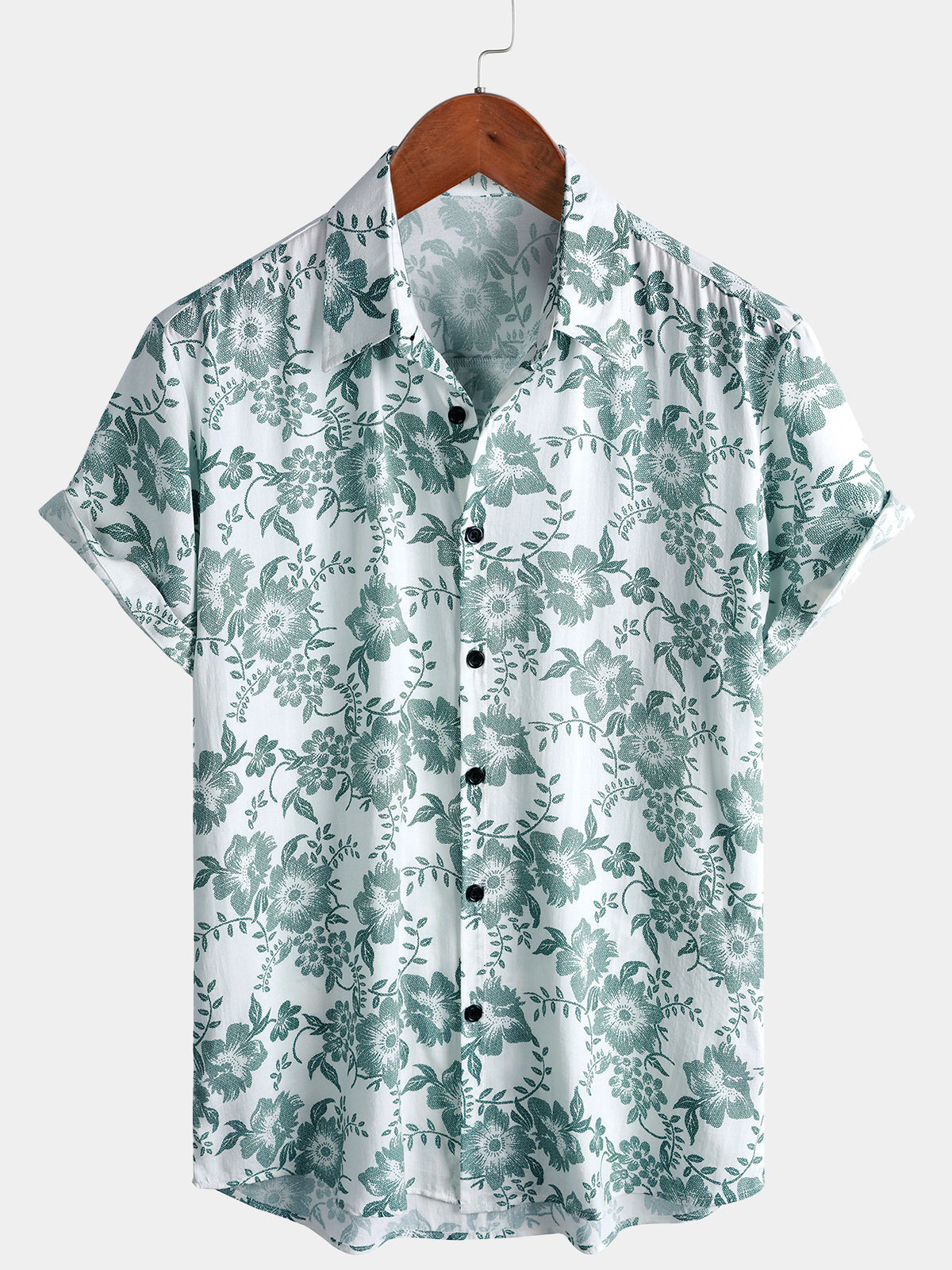 Men's Vintage Green Floral Vine Print Short Sleeve Shirt