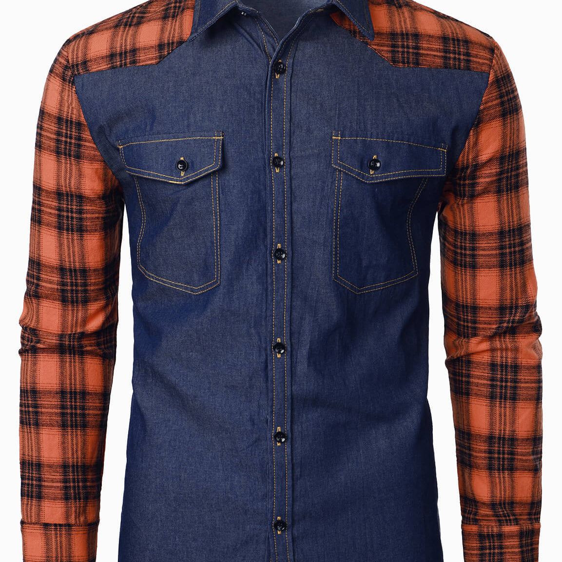 Camisa de manga larga con botones informales de mezclilla con retazos de franela a cuadros para hombre