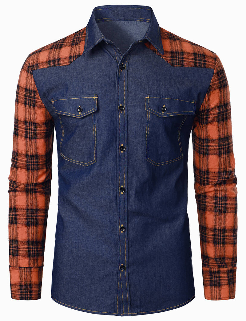Men's Plaid Flannel Patchwork Denim Casual Button Up Long Sleeve Shirt