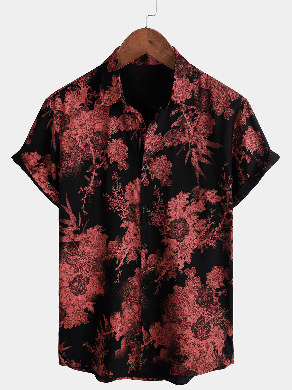 Men's Red & Black Retro Floral Button Up Beach Shirt
