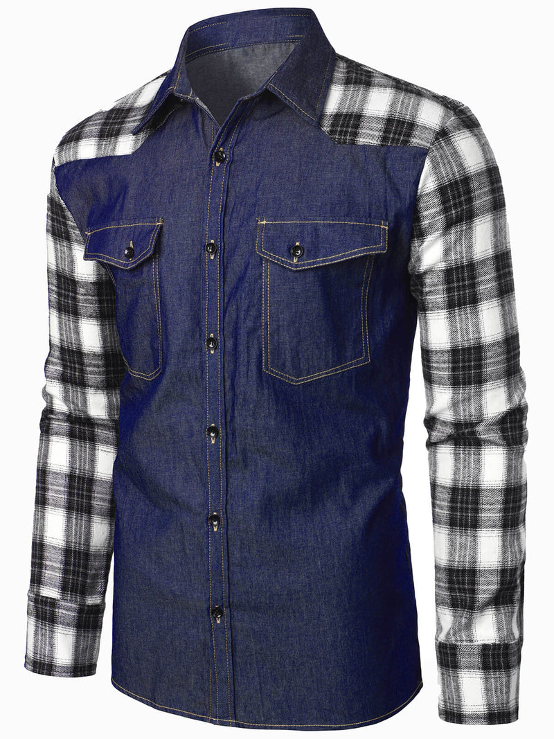 Men's Casual Plaid Flannel Patchwork Denim Button Up Long Sleeve Shirt