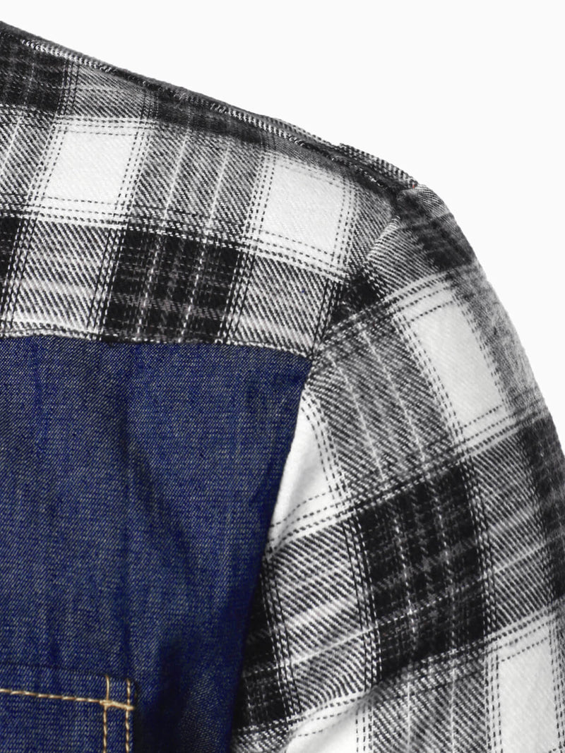 Men's Casual Plaid Flannel Patchwork Denim Button Up Long Sleeve Shirt