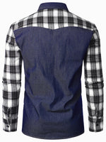 Men's Casual Plaid Flannel Patchwork Denim Button Up Long Sleeve Shirt