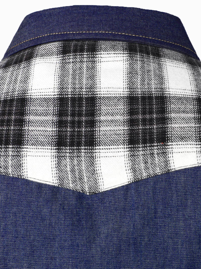 Men's Casual Plaid Flannel Patchwork Denim Button Up Long Sleeve Shirt