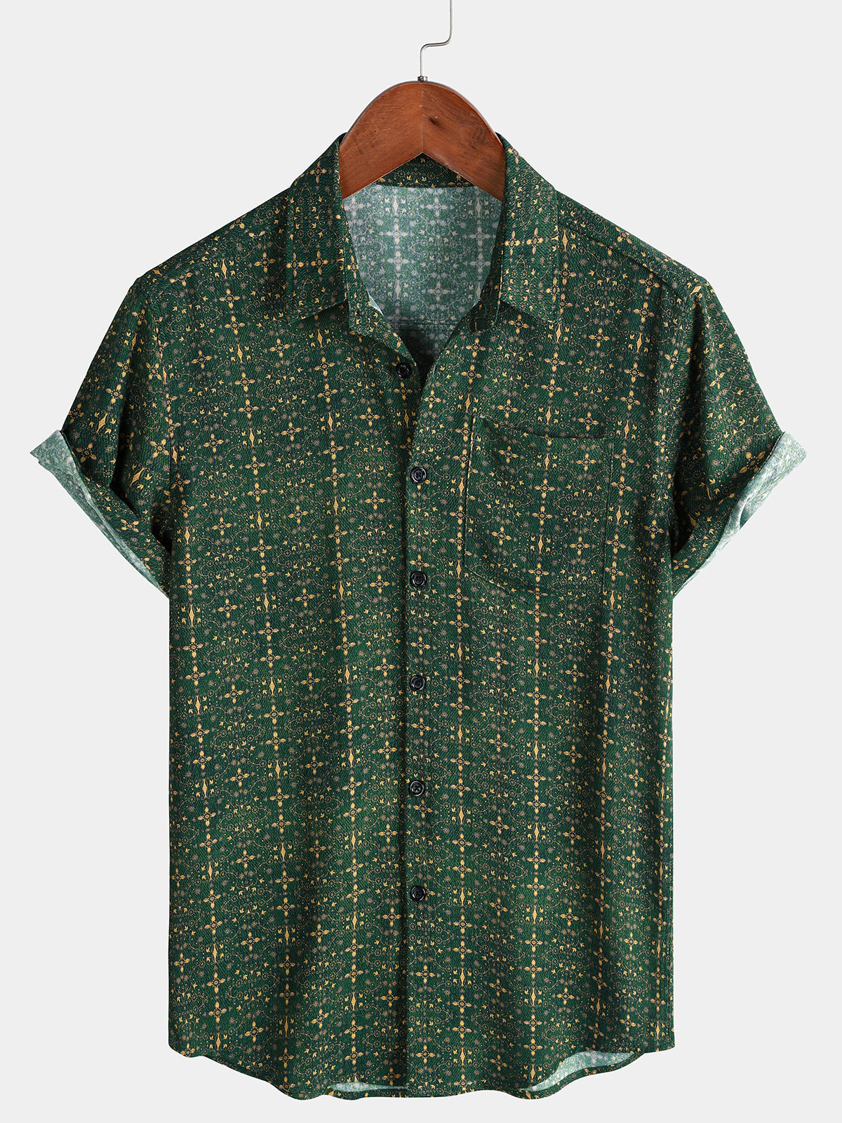 Men's Green Ethnic Print Summer Short Sleeve Shirt