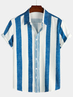 Bundle Of 2 | Men's Summer Vertical Striped Pocket Rainbow Short Sleeve Shirts
