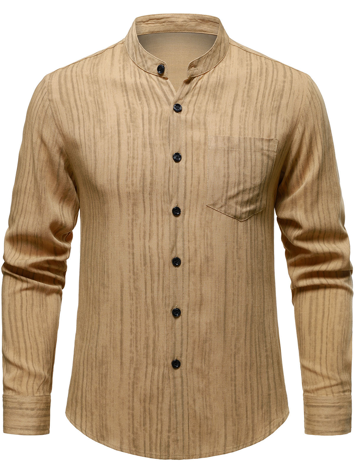 Men's Casual Breathable Pocket Long Sleeve Khaki Striped Shirt