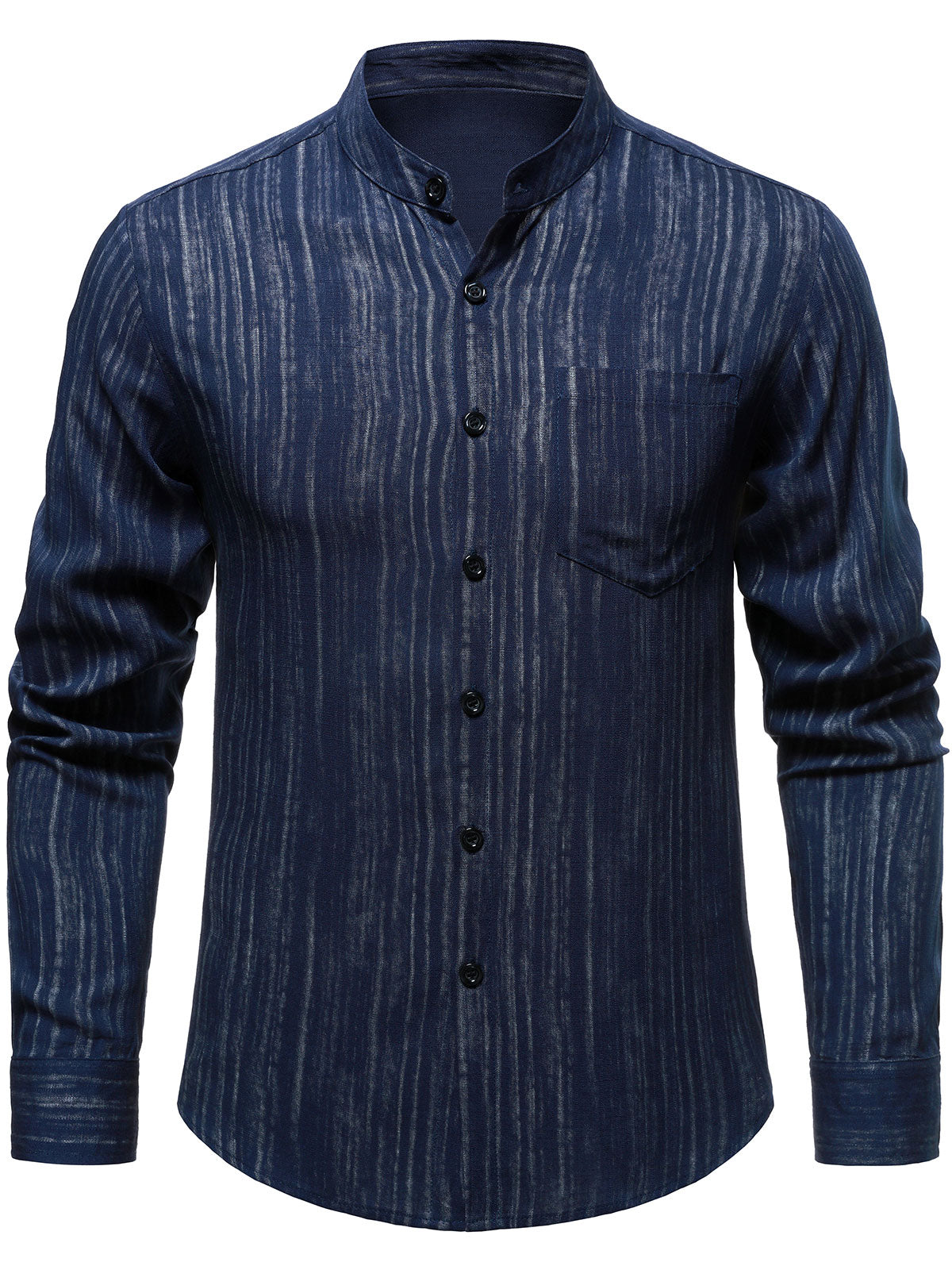 Men's Casual Breathable Pocket Long Sleeve Blue Striped Shirt
