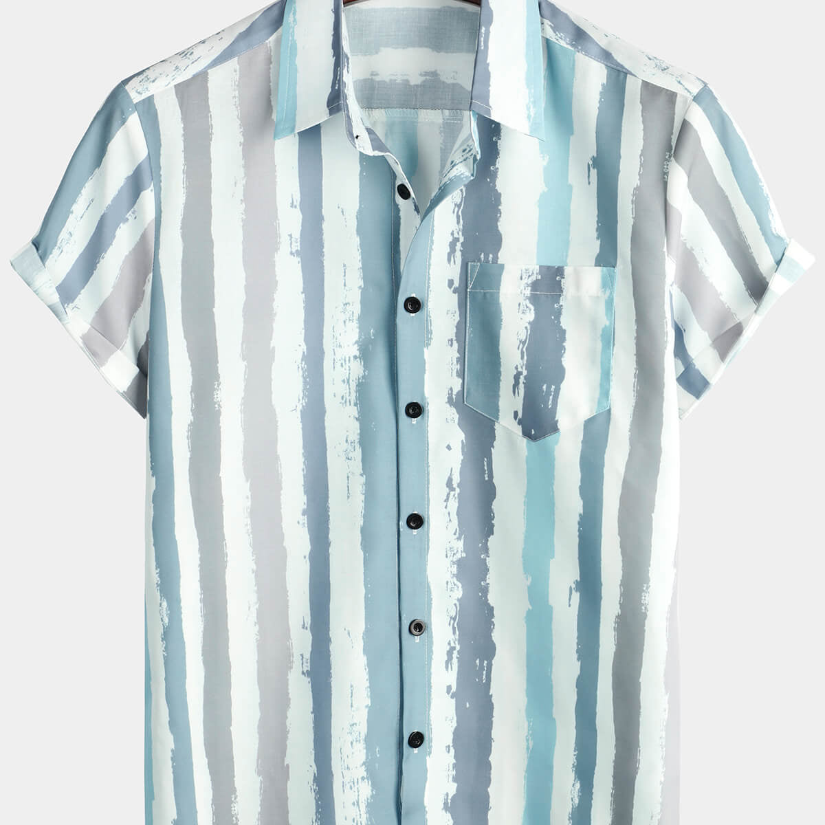 Camisa de manga corta para vacaciones con botones artísticos y bolsillos informales a rayas grises para hombre