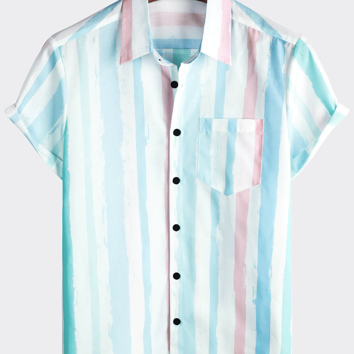 Camisa de manga corta para vacaciones de verano a rayas azules y rosas para hombre