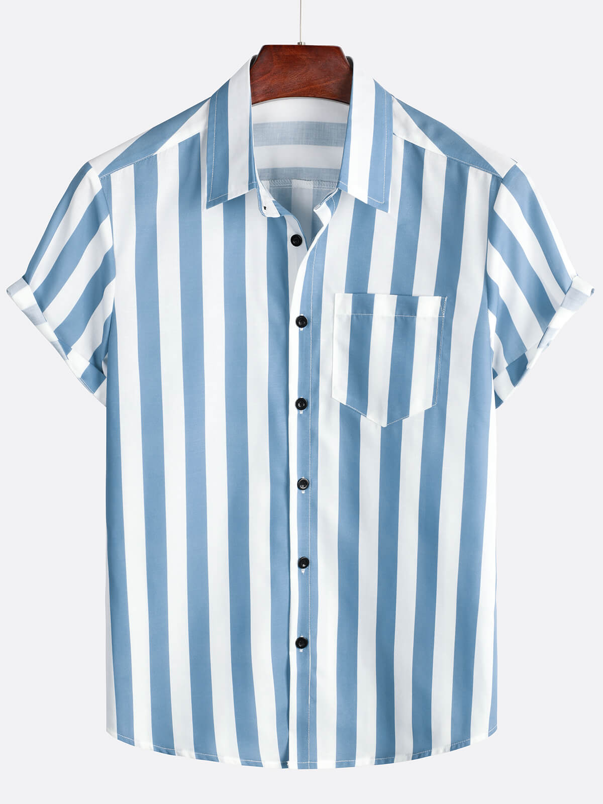 Men's Blue and White Striped Casual Pocket Summer Button Up Short Sleeve Shirt