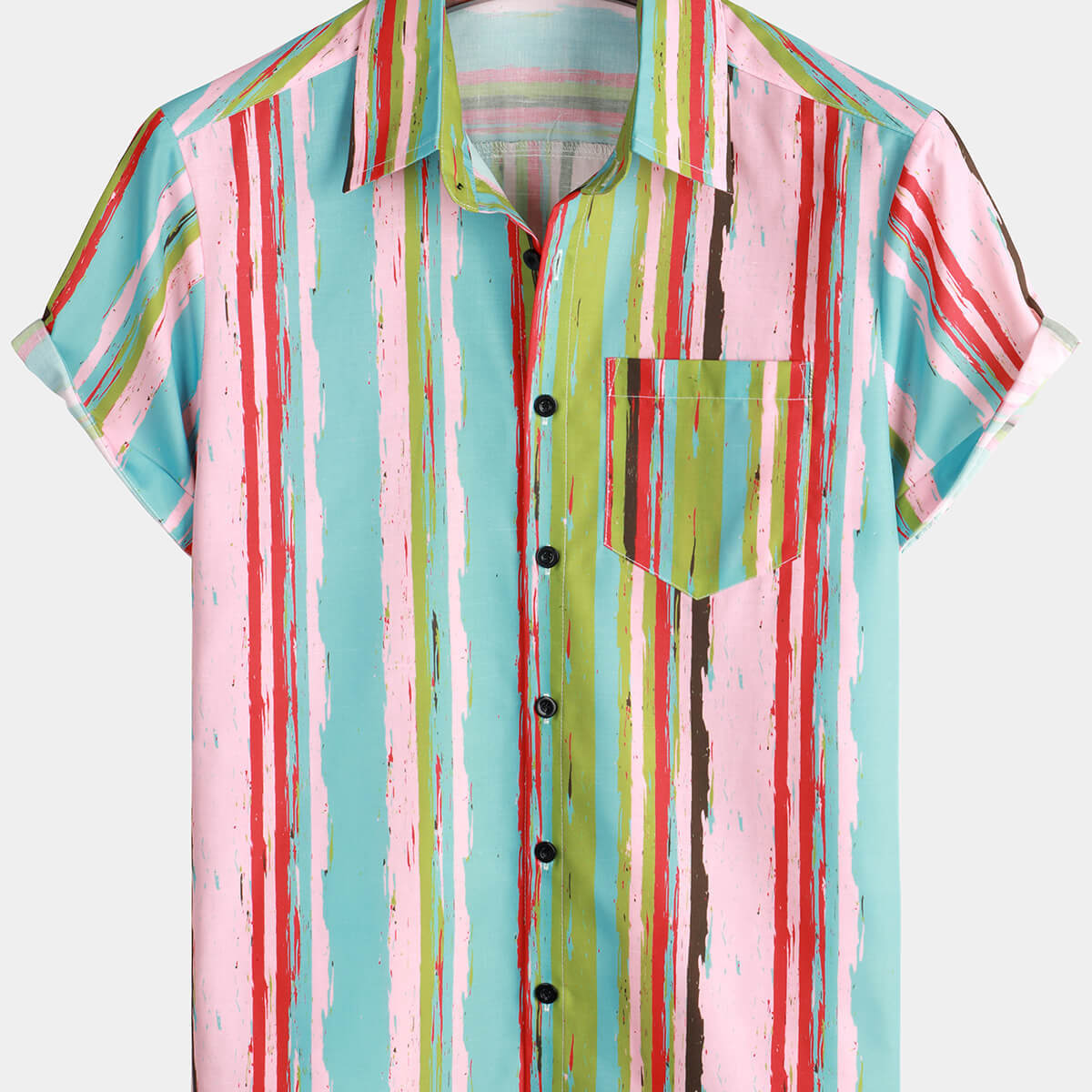 Camisa de manga corta de verano informal a rayas verdes y rosas retro para hombre