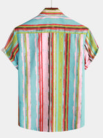 Men's Retro Green And Pink Striped Casual Summer Short Sleeve Shirt