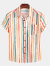 Men's Casual Orange Striped Summer Button Retro Pocket Short Sleeve Shirt