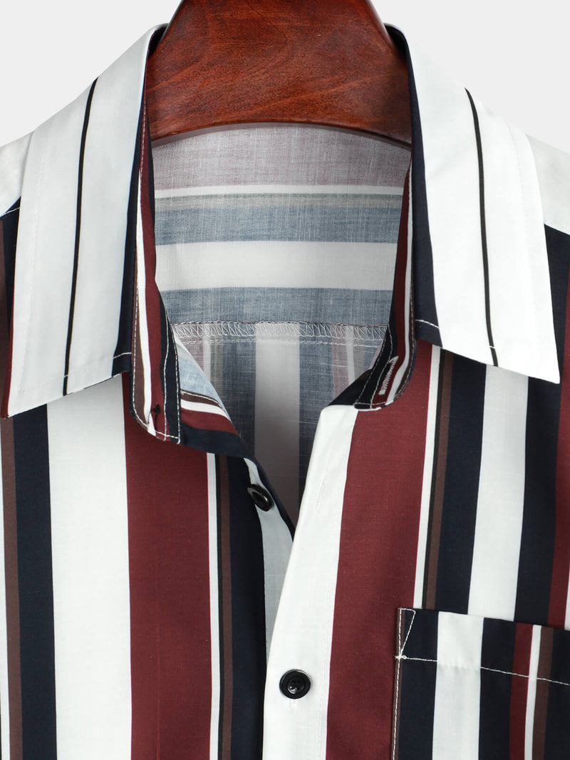 Men's Vintage Striped Button Up Short Summer Sleeve Casual Shirt