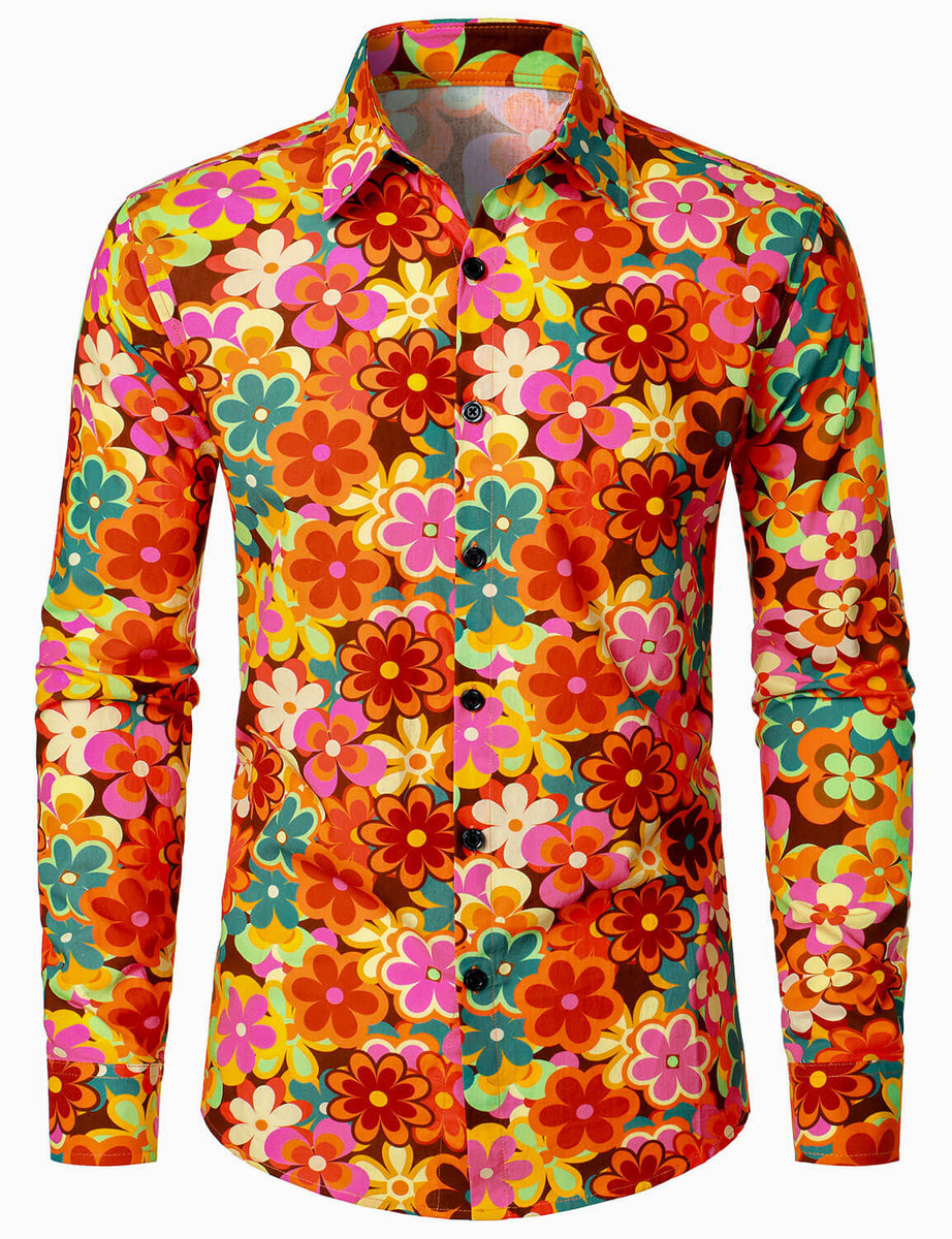 Men's Vintage Floral 70s Party Long Sleeve Shirt – Alsofitit