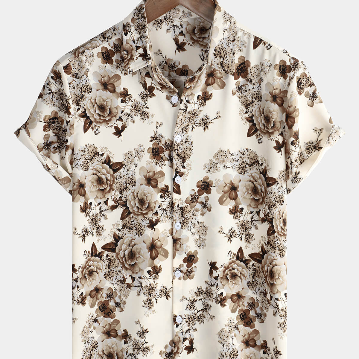 Men's Beige Casual Floral Holiday Short Sleeve Summer Button Up Shirt