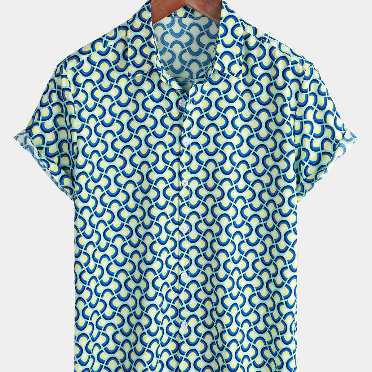 Men's Casual Holiday Geometrie Summer Short Sleeve Blue Button Up Shirt