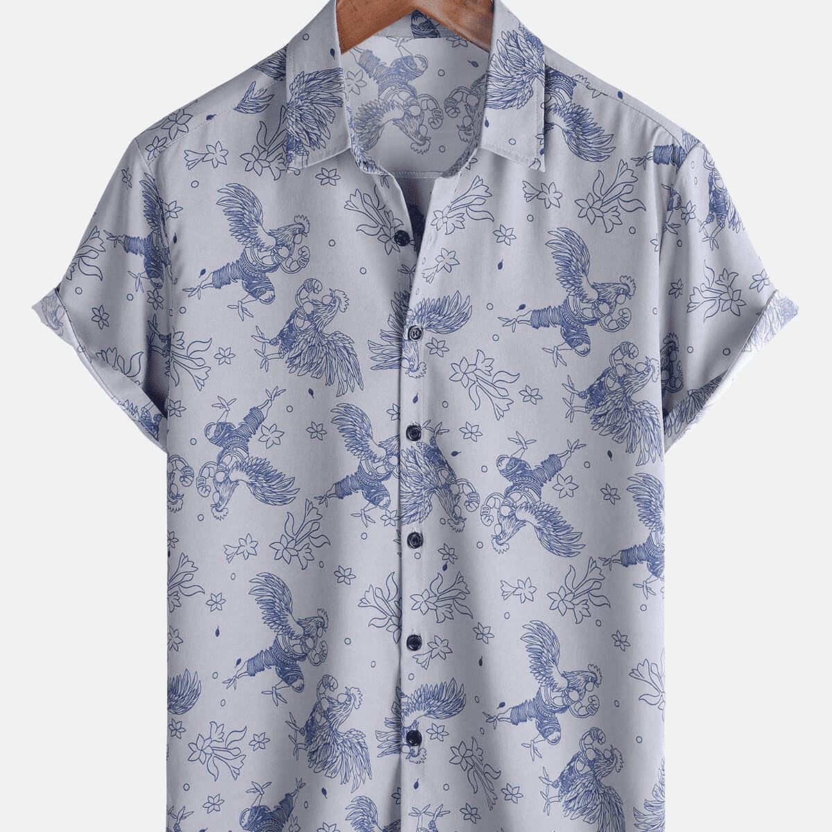 Men's Casual Short Sleeve Funny Hawaiian Gongfu Rooster Button Up Shirt