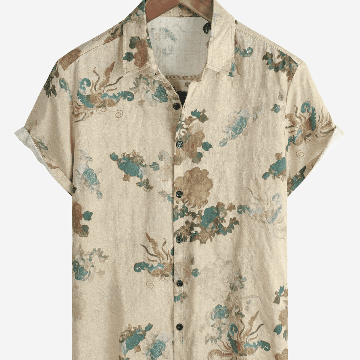 Men's Khaki Floral Vintage Short Sleeve Retro Summer Cotton Button Up Shirt