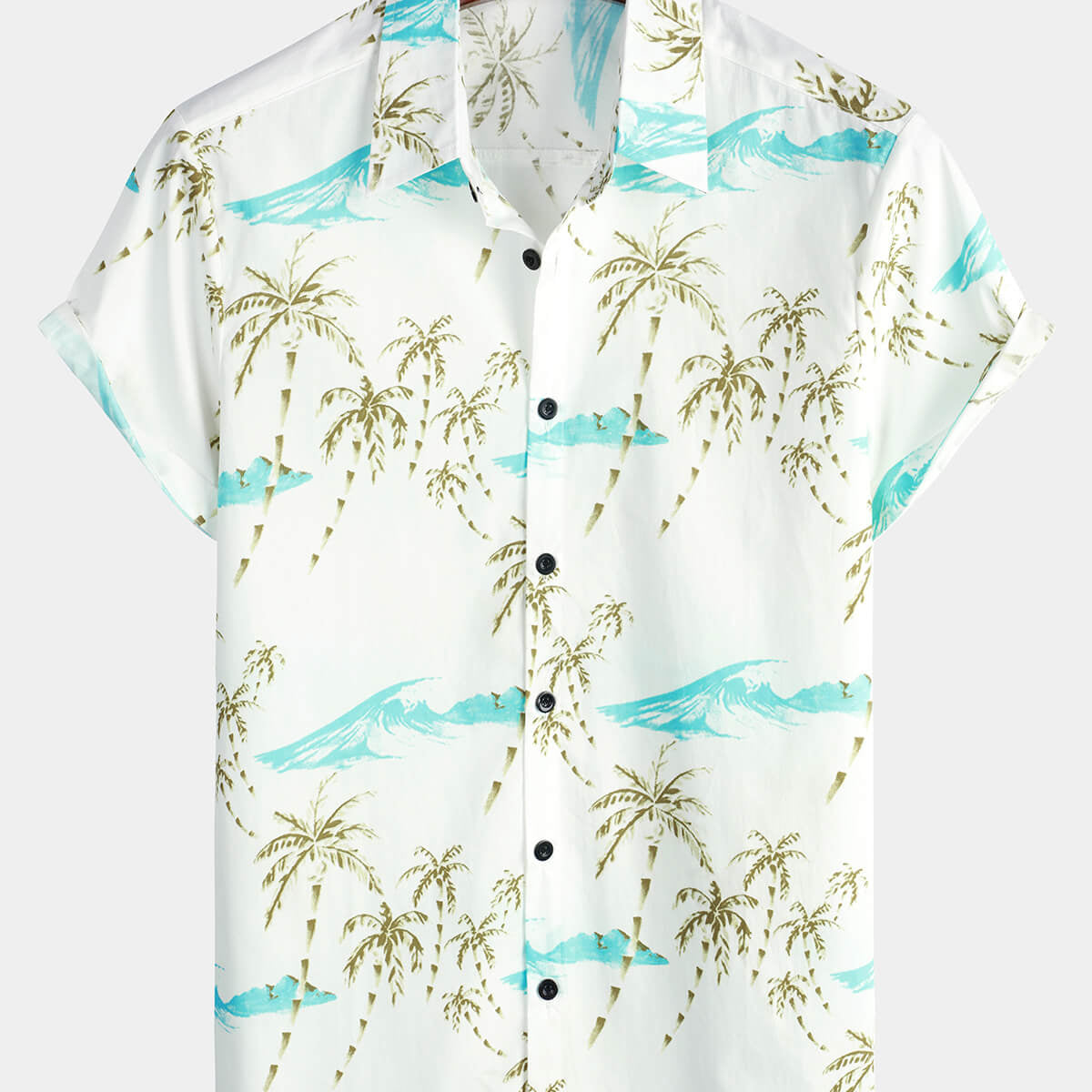 Camisa de playa de manga corta con botones blancos y estampado de palmeras y islas de algodón para hombre