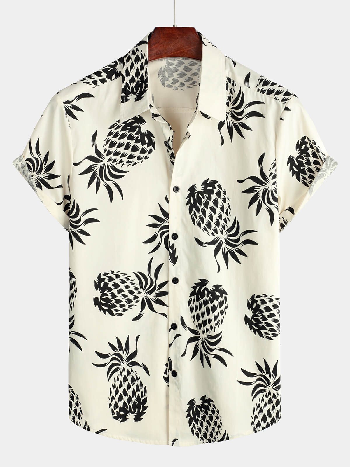 Men&#39;s Cotton Pineapple Print Summer Hawaiian Beach Beige Button Up Short Sleeve Shirt