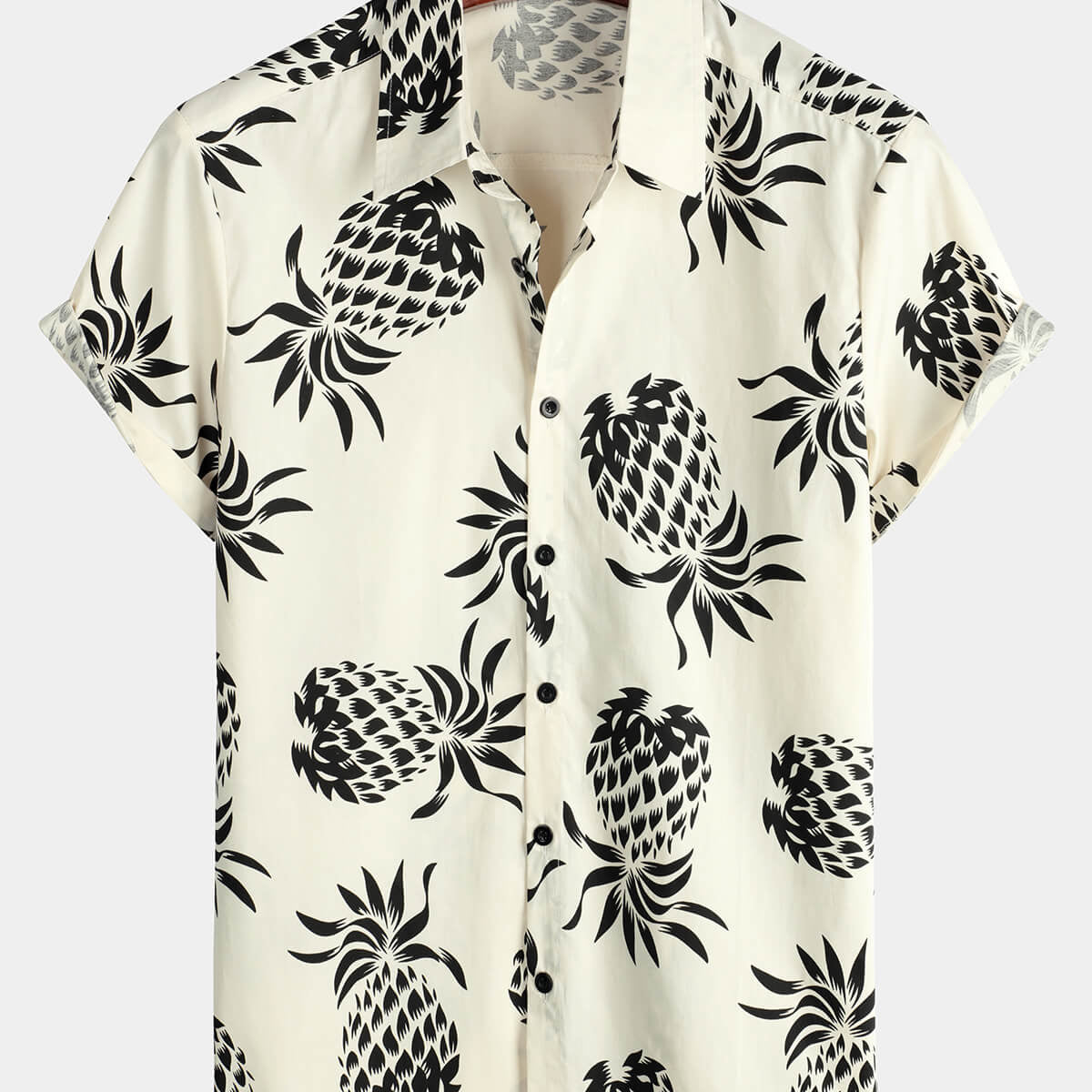 Camisa de manga corta con botones color beige de playa hawaiana de verano con estampado de piña de algodón para hombre