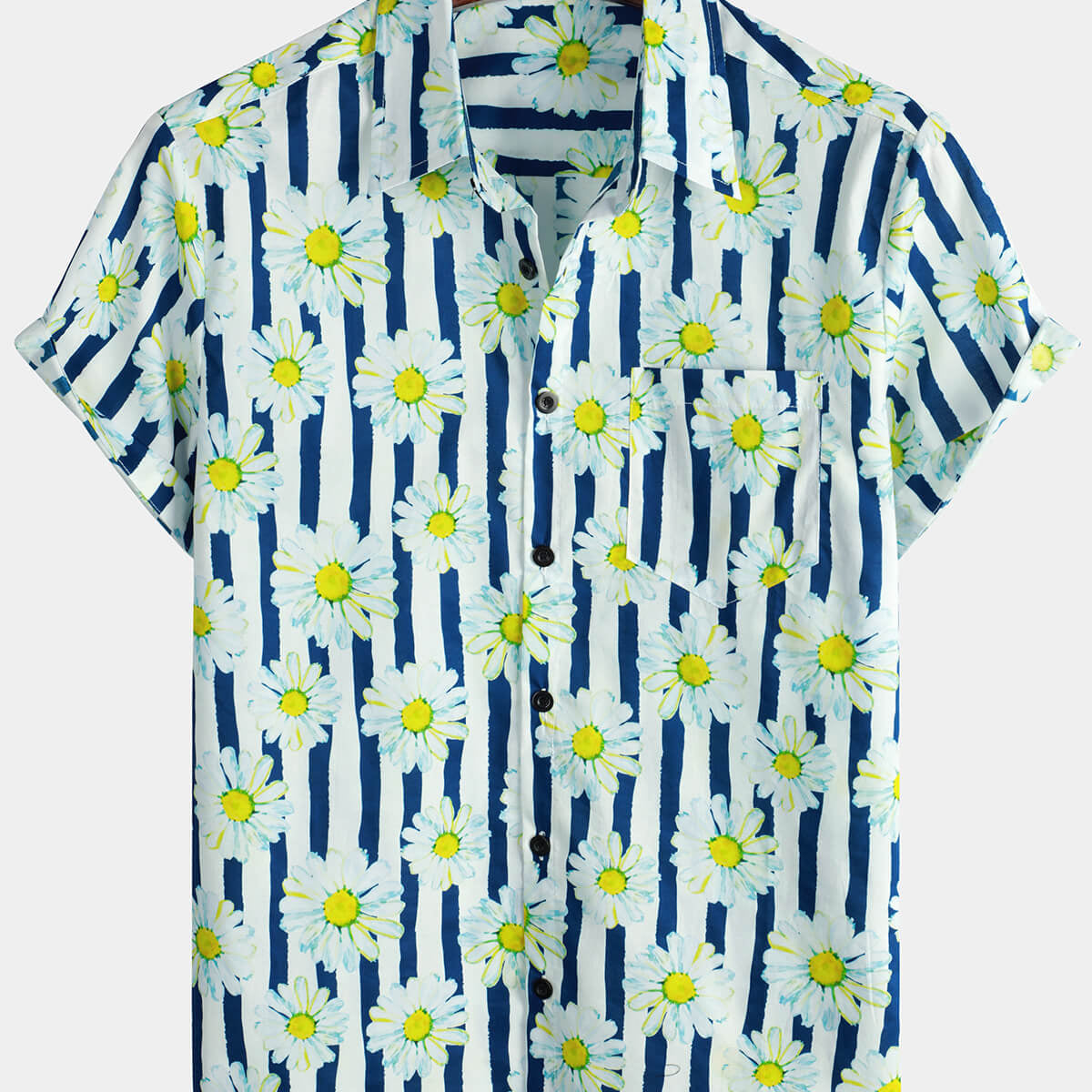 Camisa con botones de verano de manga corta con cuello y bolsillo con estampado floral de margaritas a rayas azules de algodón para hombre