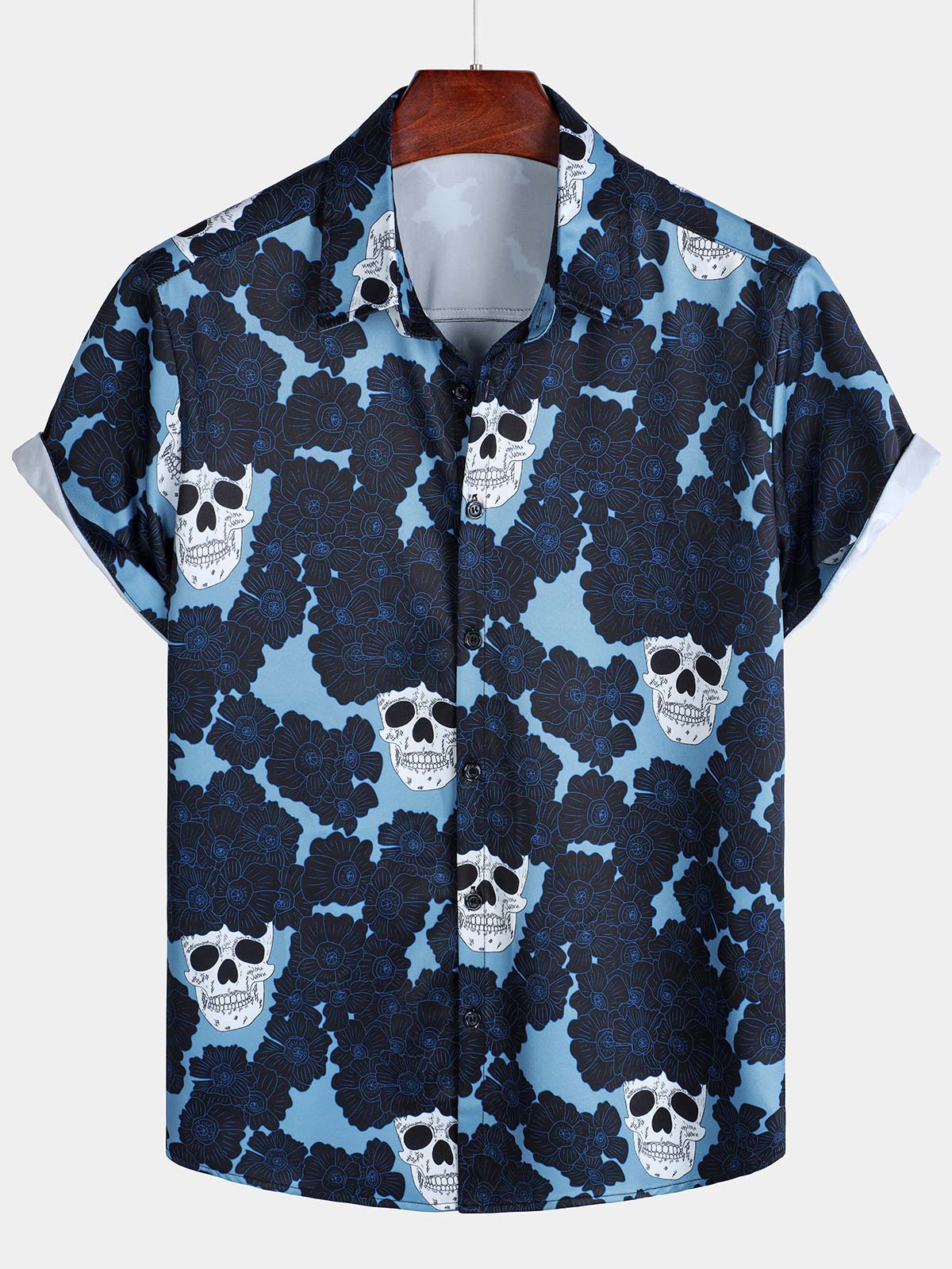 Men's Floral Print Cool Skull Casual Holiday Button Short Sleeve Shirt