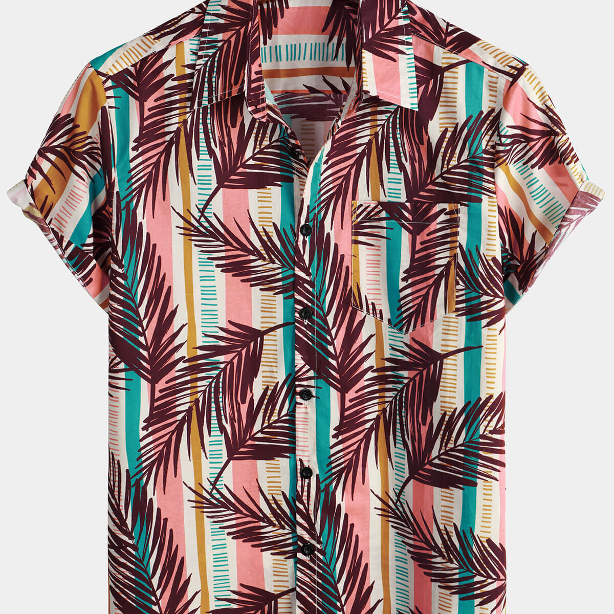 Camisa de vacaciones de verano de algodón con botones y manga corta con estampado floral tropical a rayas para hombre