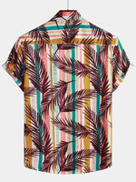 Men's Striped Tropical Floral Print Short Sleeve Button Up Cotton Summer Holiday Shirt