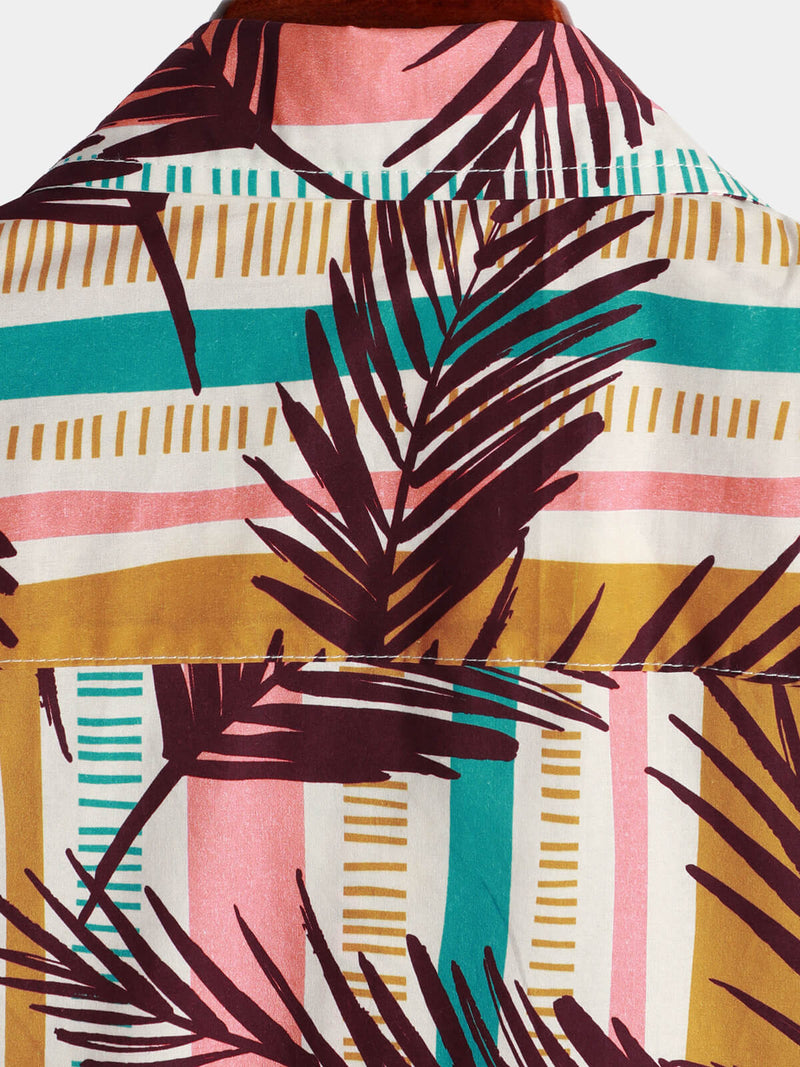 Men's Striped Tropical Floral Print Short Sleeve Button Up Cotton Summer Holiday Shirt