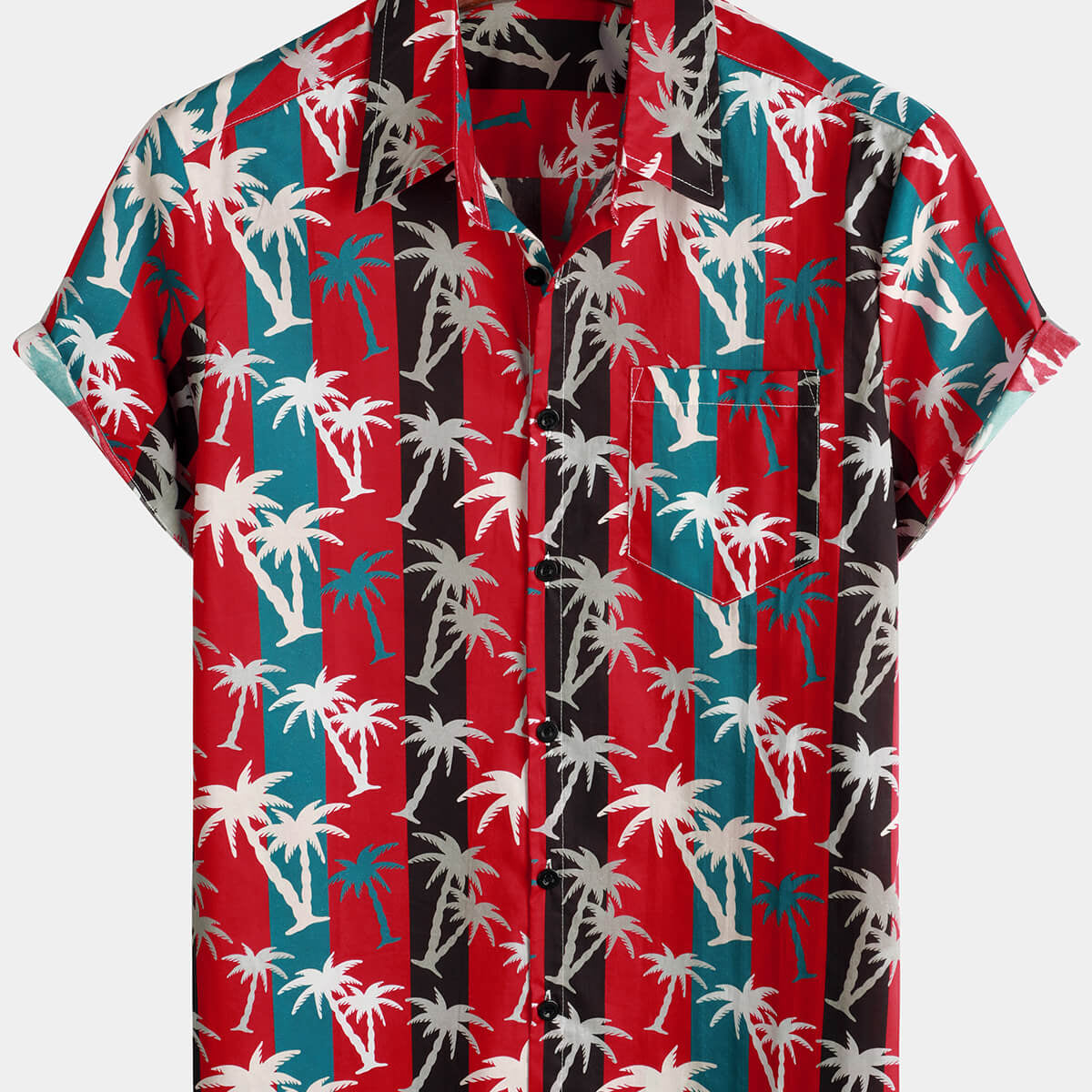 Camisa hawaiana de manga corta con bolsillo de algodón y cuello con estampado de palmeras a rayas rojas para hombre
