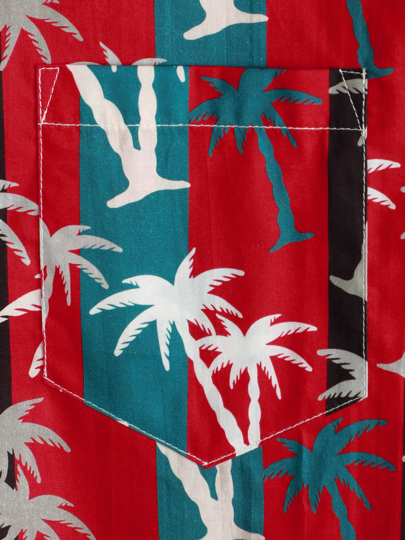 Men's Red Striped Palm Tree Print Collared Cotton Pocket Short Sleeve Hawaiian Shirt