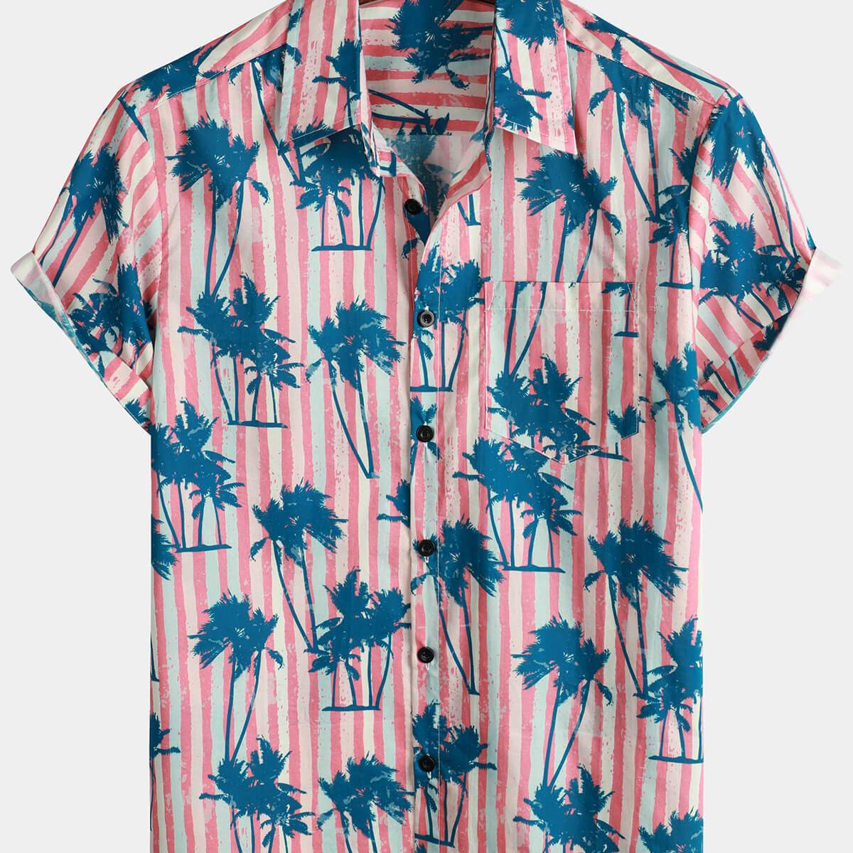 Camisa con cuello de campamento de manga corta de verano con bolsillo de algodón con estampado de palmeras a rayas rosas para hombre