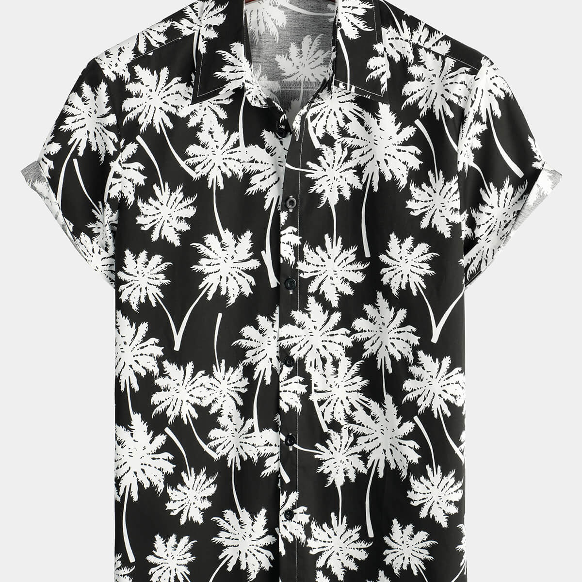 Camisa de manga corta con botones tropicales para vacaciones hawaianas negras de verano y playa para hombre