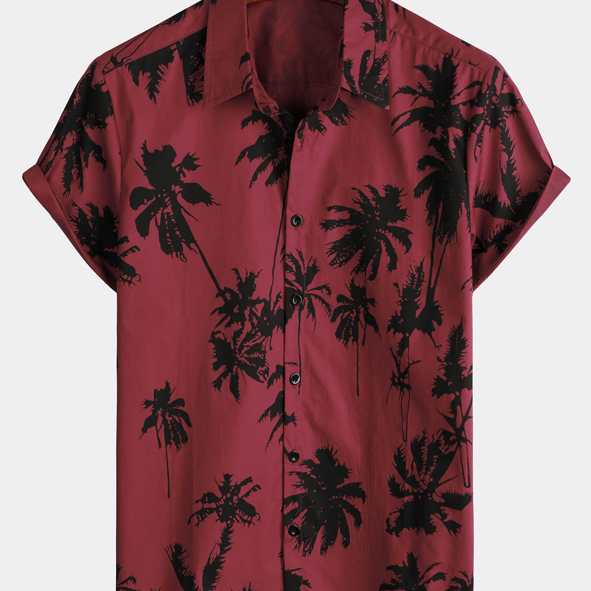 Camisa de manga corta con cuello en color burdeos de algodón con estampado de palmeras para hombre