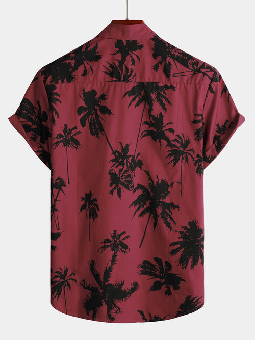 Men's Palm Tree Print Cotton Burgundy Beach Short Sleeve Collared Shirt