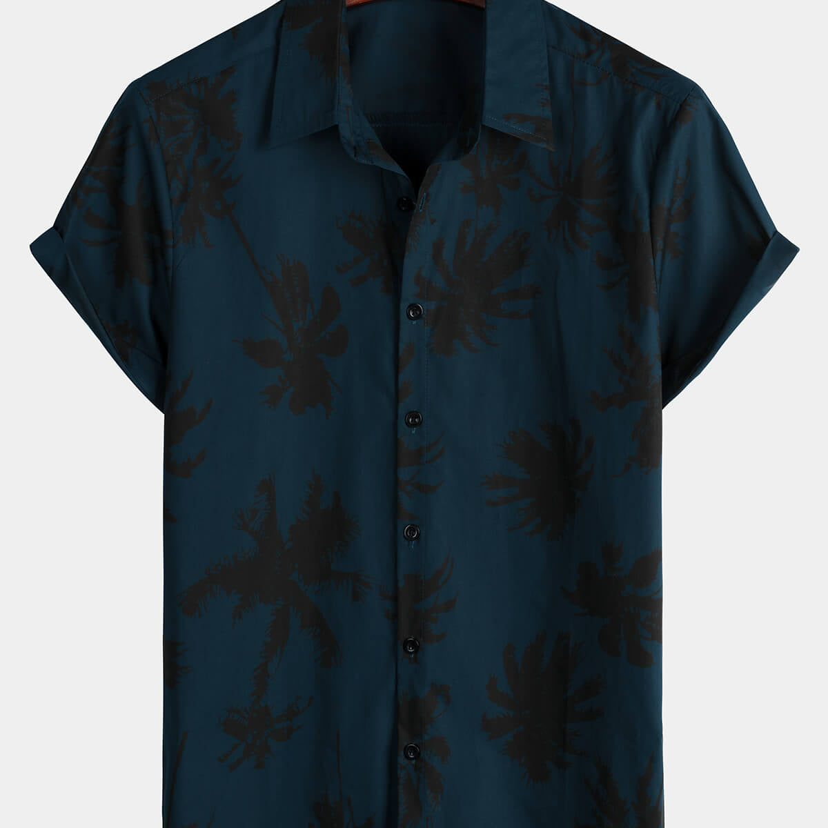 Camisa hawaiana de manga corta con cuello azul marino 100% algodón con estampado de palmeras para hombre