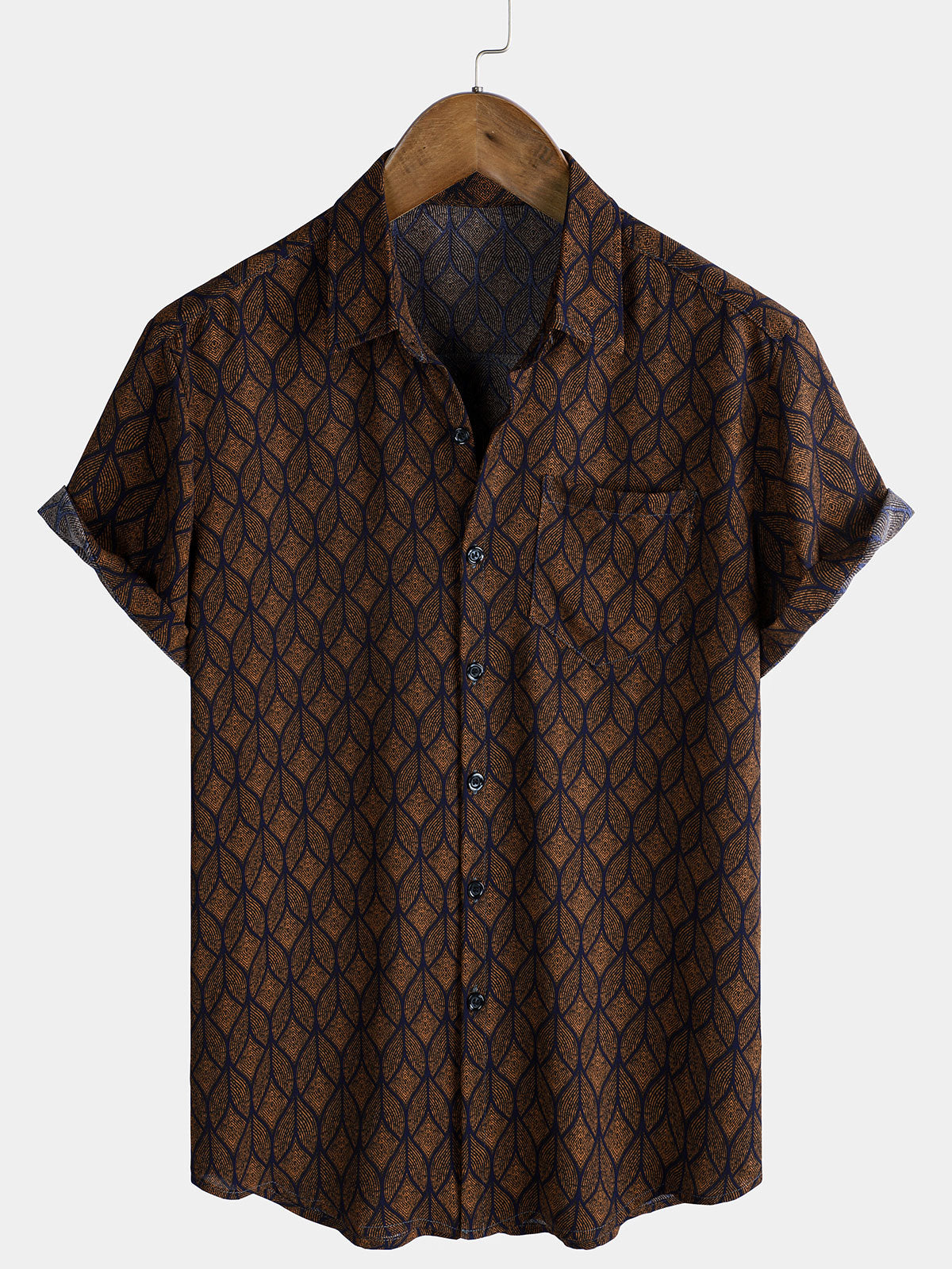 Men's Retro Brown Geometric Print Pocket Short Sleeve Shirt