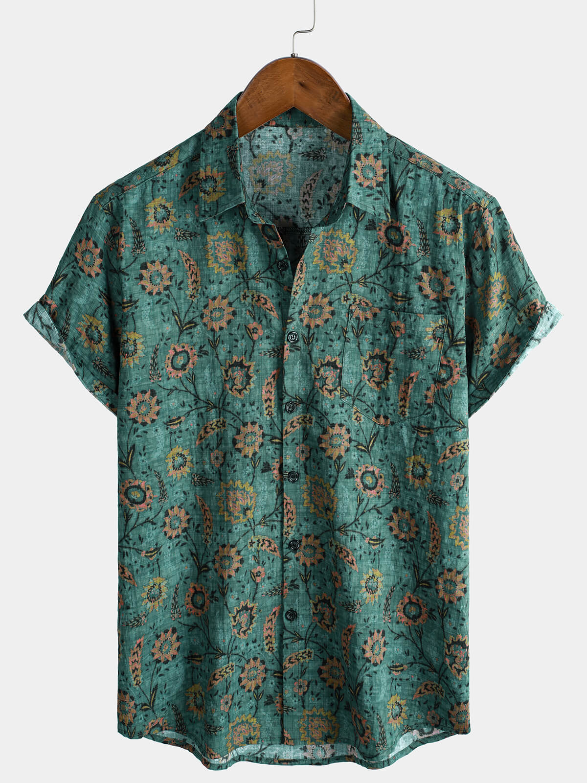 Men's Retro Floral Print Breathable Cotton Pocket Short Sleeve Shirt