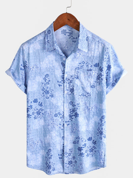 Men's Blue Floral Print Retro Short Sleeve Shirt