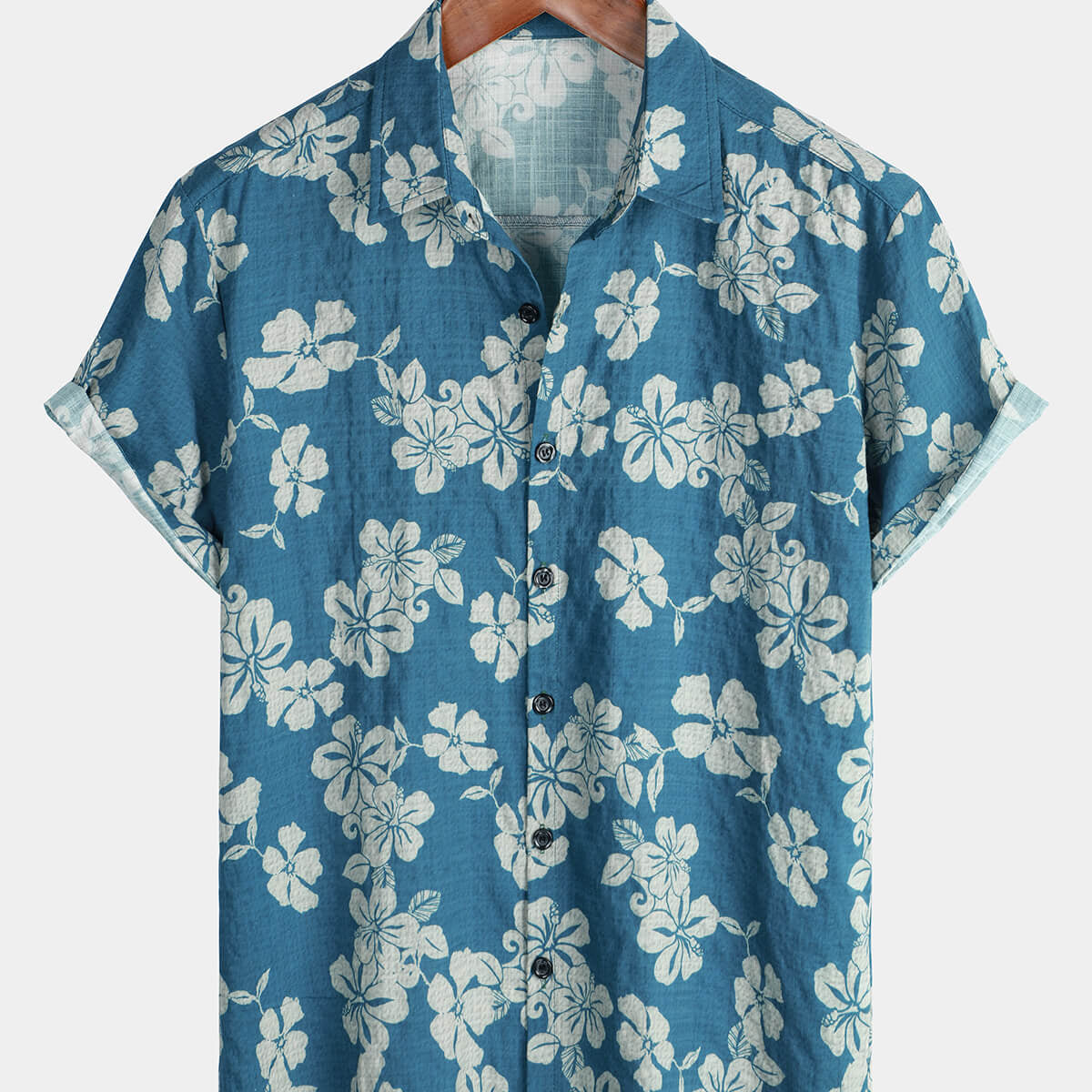 Men's Blue Holiday Floral Hawaiian Short Sleeve Button Up Shirt