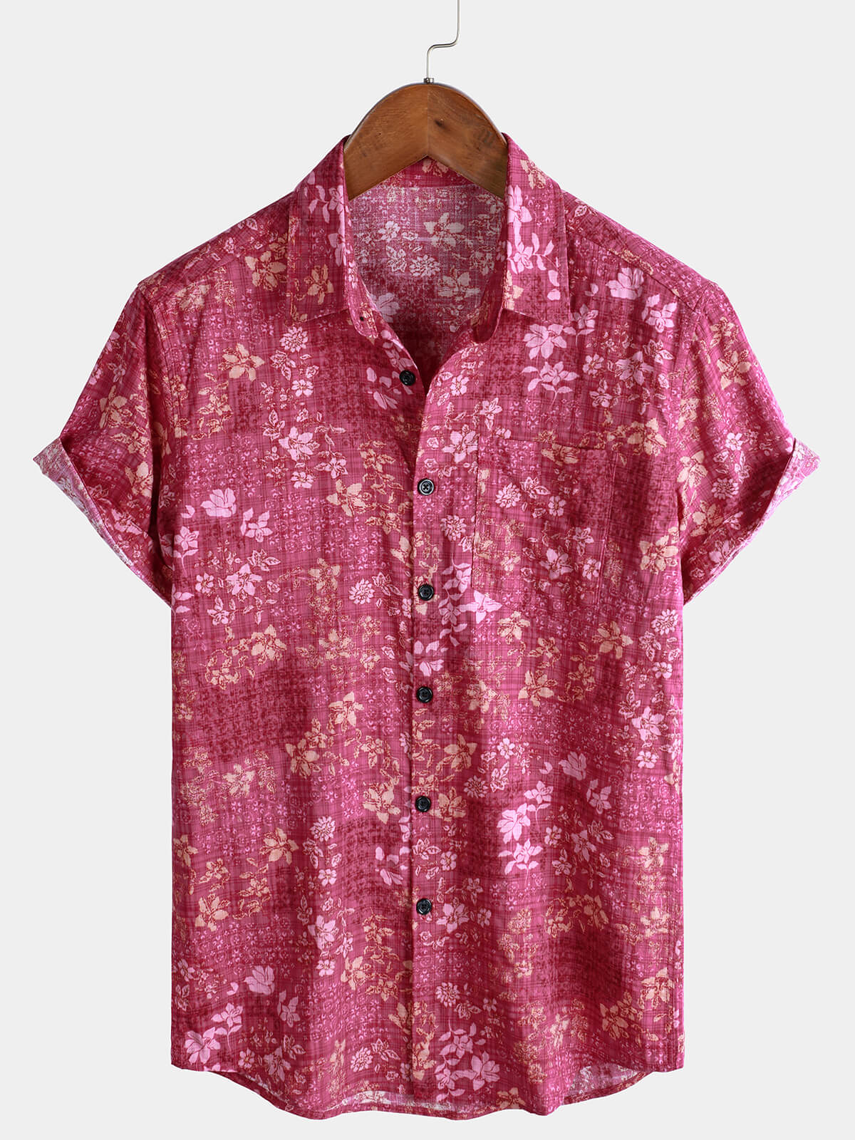 Men's Pink Floral Holiday Casual Pocket Short Sleeve Retro Shirt